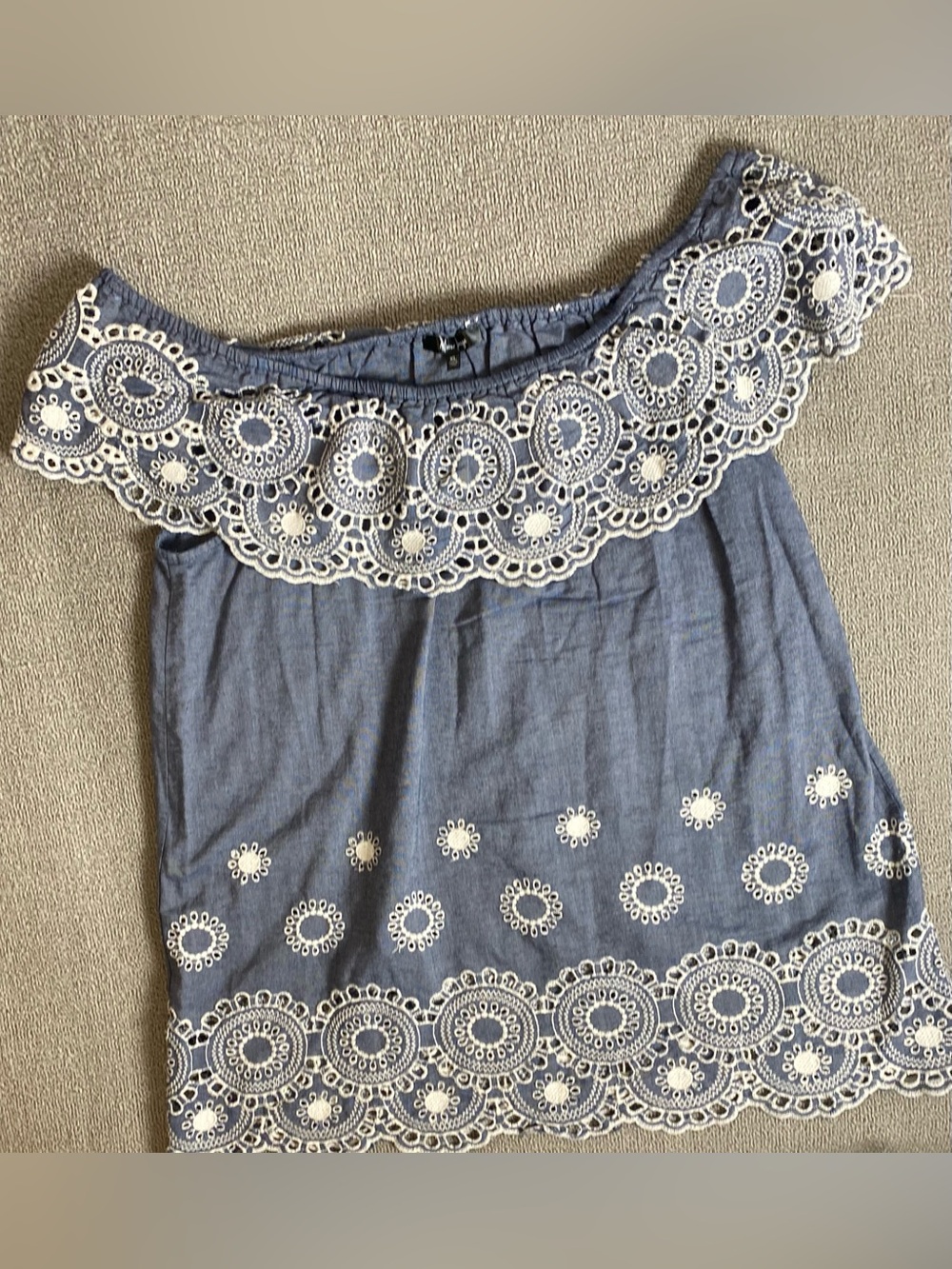 Mirror Image Blue Off-Shoulder Boho Summer Eyelet Lace Trim 100% Cotton Blouse